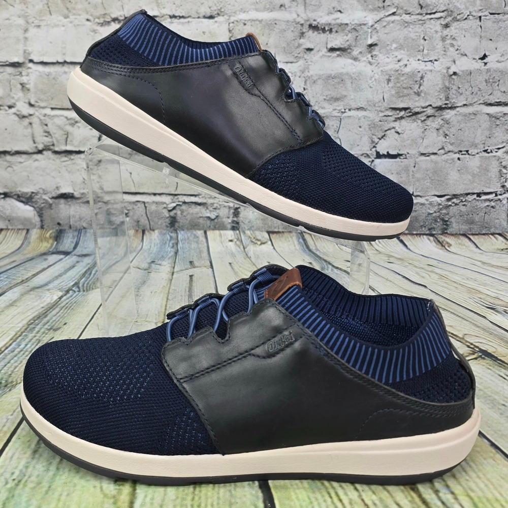 OluKai Makia Ulana Sneakers Mens 10 Navy Blue Leather Mesh Casual Slip On 10361 - Picture 2 of 9